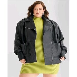 Ashley Graham Womens Plus Faux Leather Midweight Motorcycle Jacket Size 1X